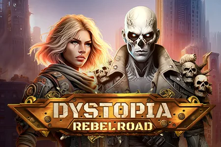 Une rebelle blonde et un guerrier au visage de crâne dans la ville en ruine de Dystopia : Rebel Road
